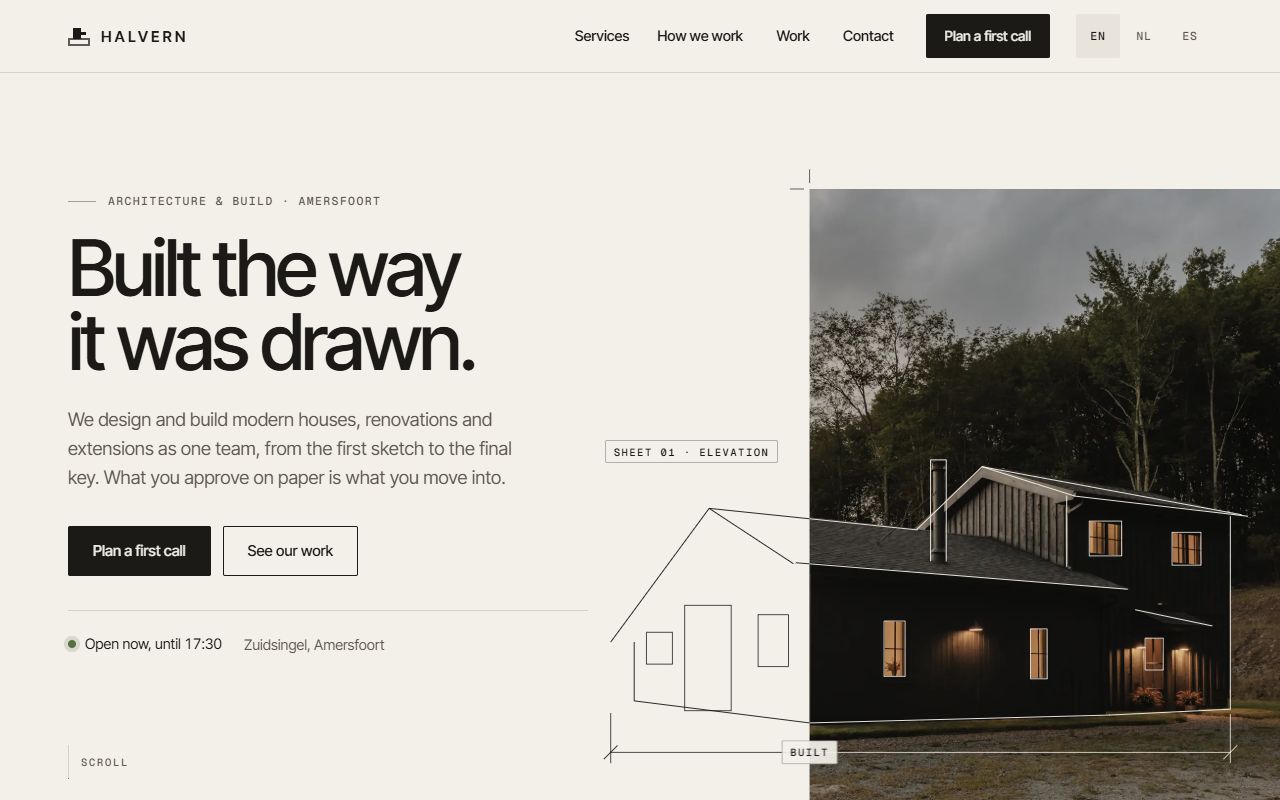 The Signature demo for Halvern, a fictional design-and-build firm in Amersfoort: a line drawing of a house that turns into the finished build, with a live open-or-closed status