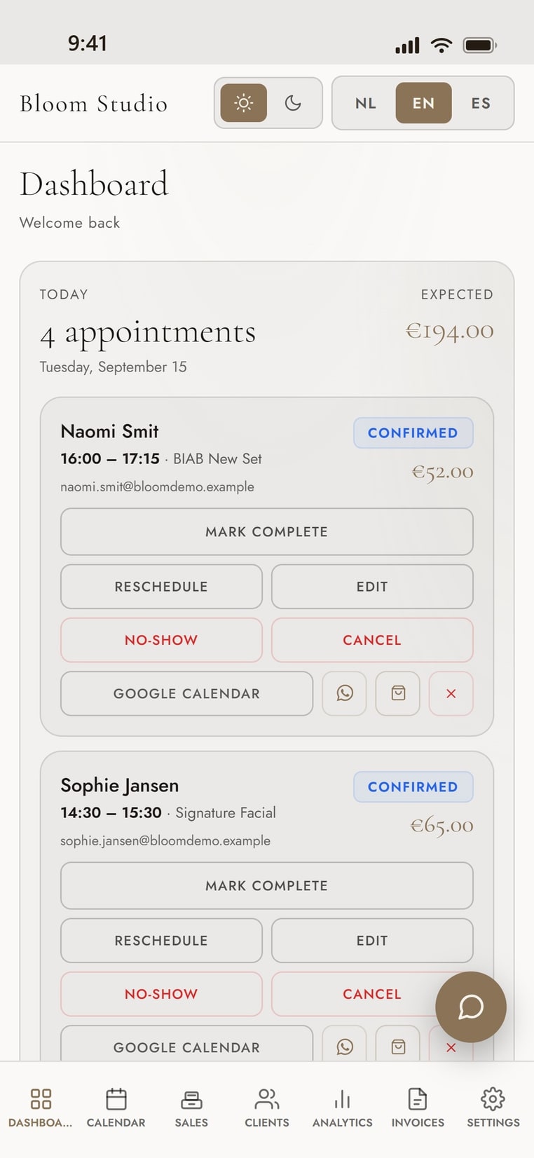 The Vellu dashboard on a phone, showing today's appointments