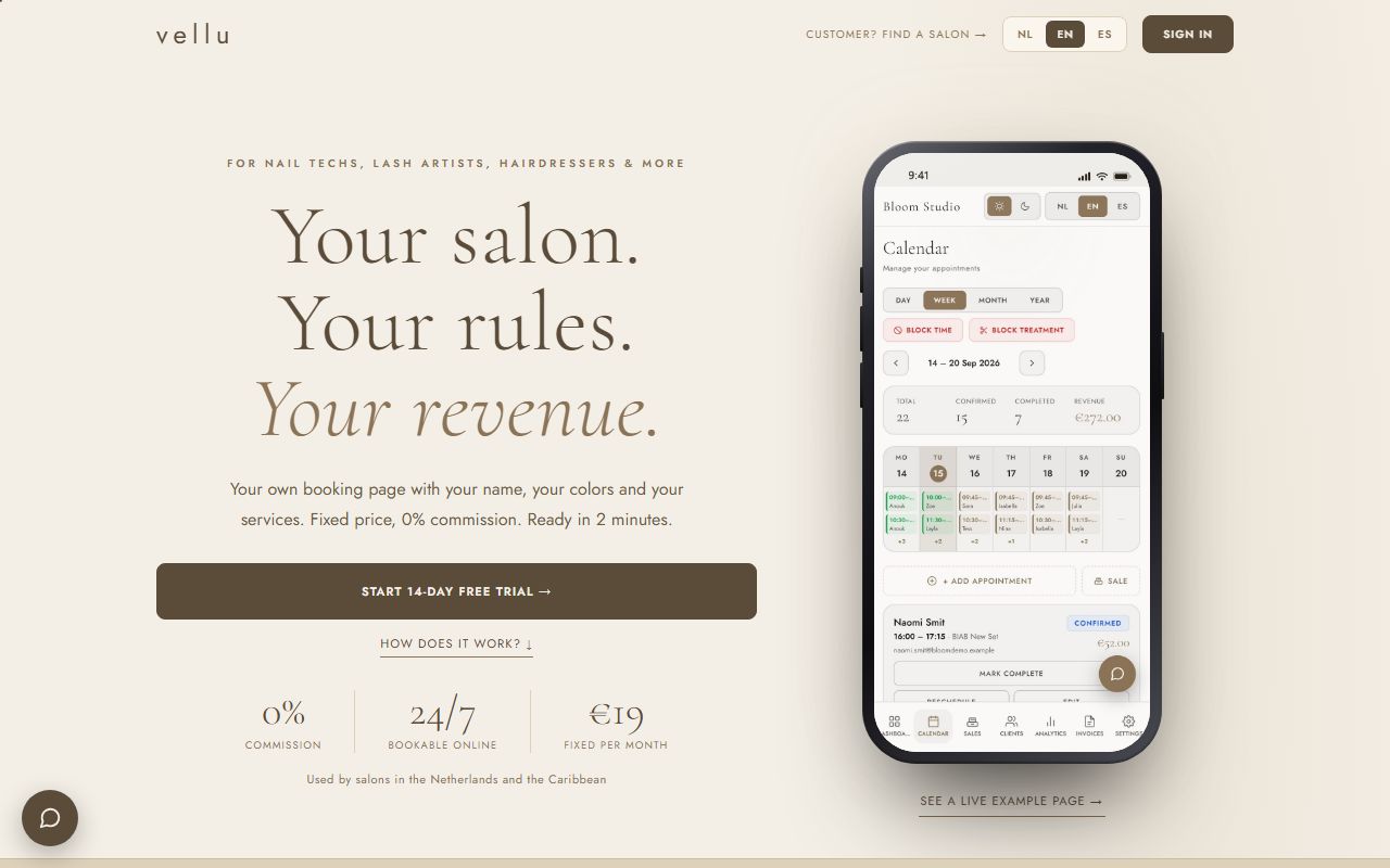 The Vellu website: booking software for salons